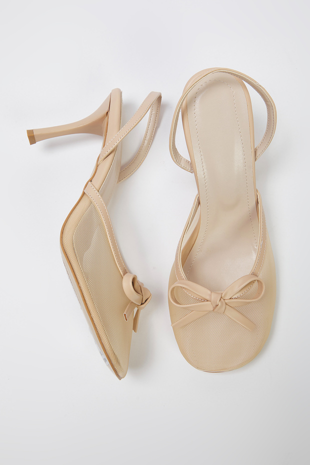 Nude Fiyonk Detaylı File Kadın 8 cm Mule İnce Topuklu Ayakkabı TAKSS25TO00093 - 1