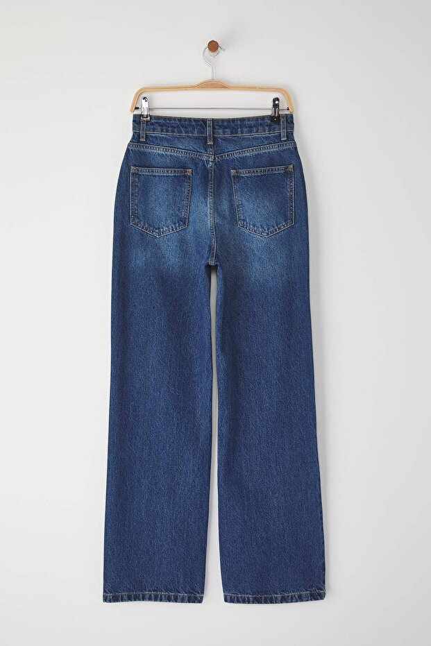 Koyu Mavi Yüksek Bel Wide Leg Geniş Paça %100 Pamuk Non-Stretch Jeans TWOSS25JE00276 - 6