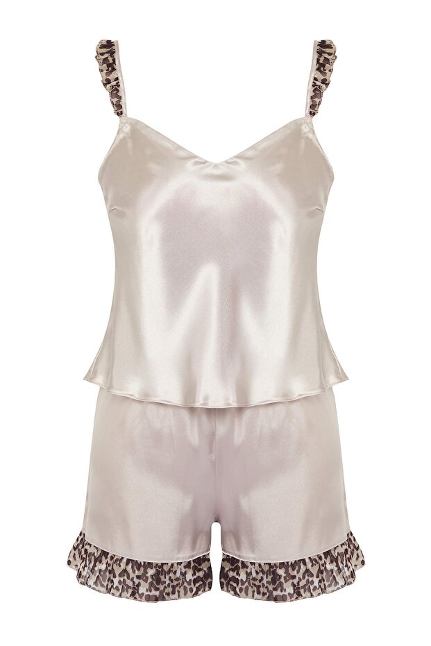 Vizon 3'lü Çeyiz Set Leoparlı Fırfırlı Saten Külotlu ve Şortlu Dokuma Pijama Takımı THMSS25PT00322 - 9