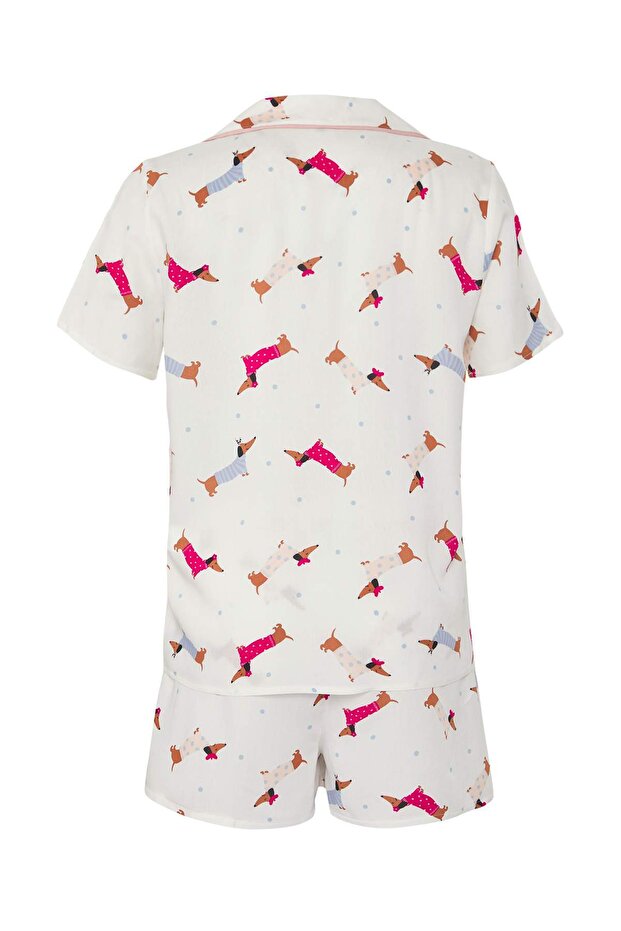 Beyaz-Çok Renkli Köpekli Biyeli Çanta Hediyeli Viskon Şortlu Dokuma Pijama Takımı THMSS25PT00308 - 9