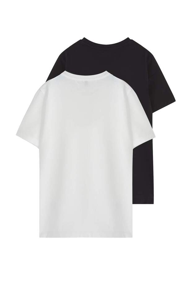 Siyah-Ekru 2'li Erkek Çocuk Slogan Desenli Örme T-Shirt TKDSS25TS00016 - 3