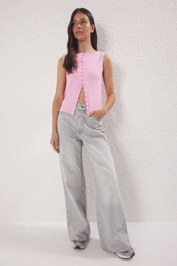 Pembe Düğmeli Fitted/Vücuda Oturan Fitilli Esnek Örme Bluz TWOSS24BZ00306 - 2
