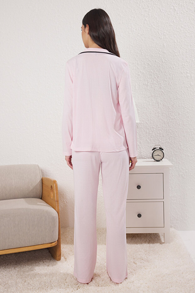 Pembe %100 Pamuklu Biye ve Cep Detaylı Baskılı Örme Pijama Takımı THMAW22PT0785 - 4