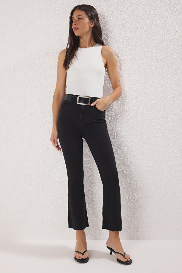 Antrasit Yüksek Bel Comfort/Esnek Crop Flare Bilek Boy Jeans TWOSS25JE00275 - 2
