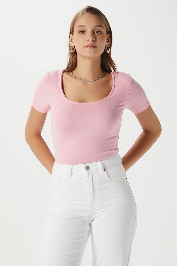 Kadın Favor Lux Touch Yumuşak Doku U yaka Pembe Bluz - 4