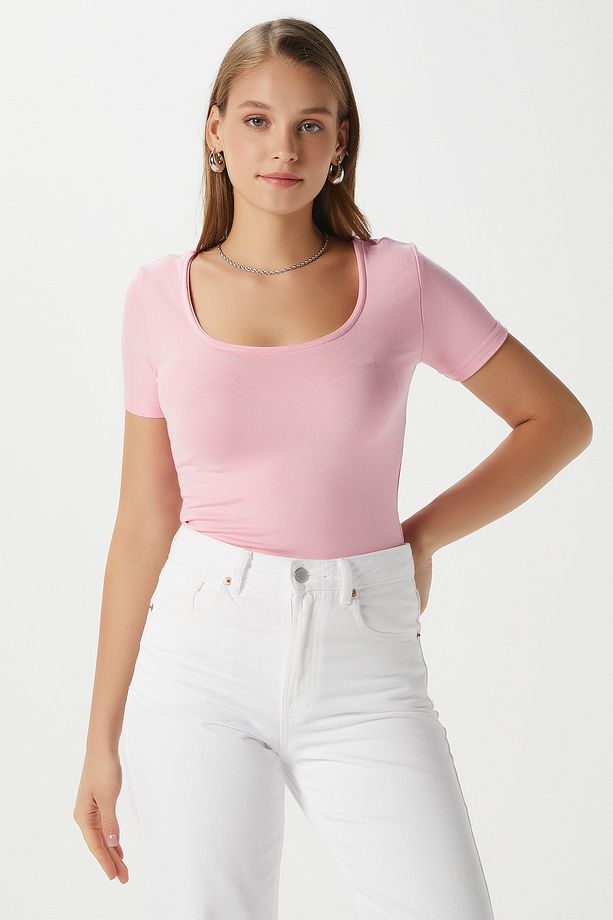 Kadın Favor Lux Touch Yumuşak Doku U yaka Pembe Bluz - 1