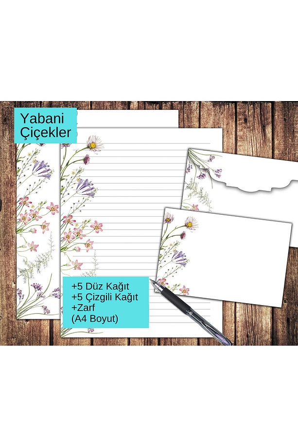 Yabani Çiçekler Zarflı Mektup Not Kağıdı, +5 Düz kağıt +5 Çizgili Kağıt +Zarf (A4 Boyut) - 1