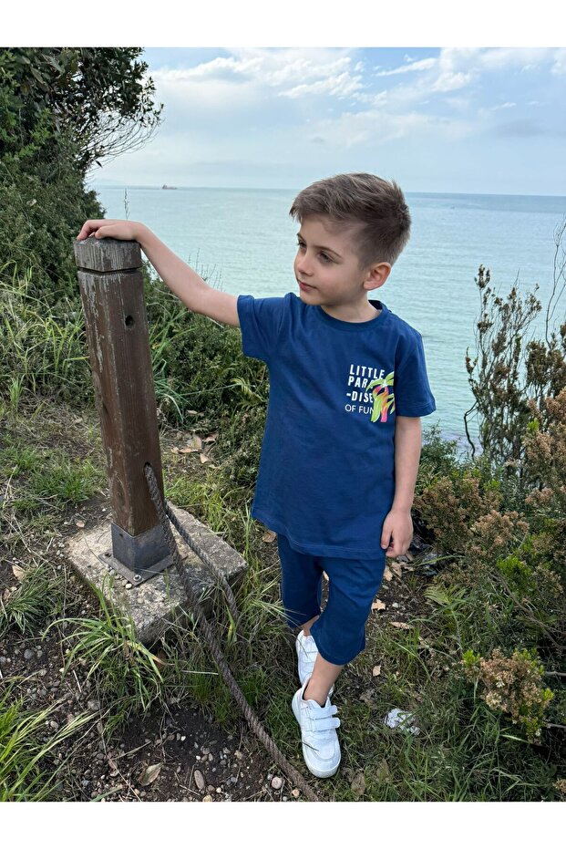 Boy's Little Paradise Navy Blue T-Shirt with Front and Back Print - Shorts 2-Piece Set