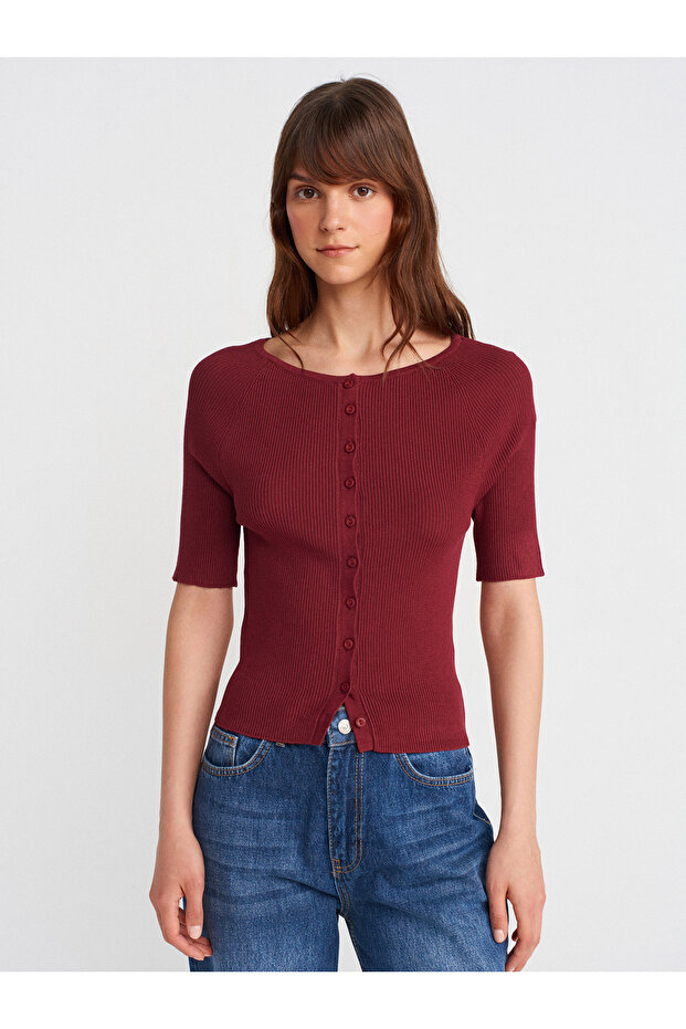 60970 Light Crew Neck Ribbed Button Slim Knitwear Cardigan-Burgundy