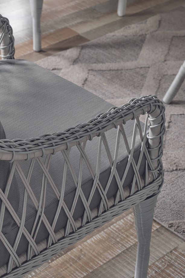Joy Rattan Puflu Bahçe Balkon Takımı 3+1+1+ Camlı Masa Kemik Rengi - 6