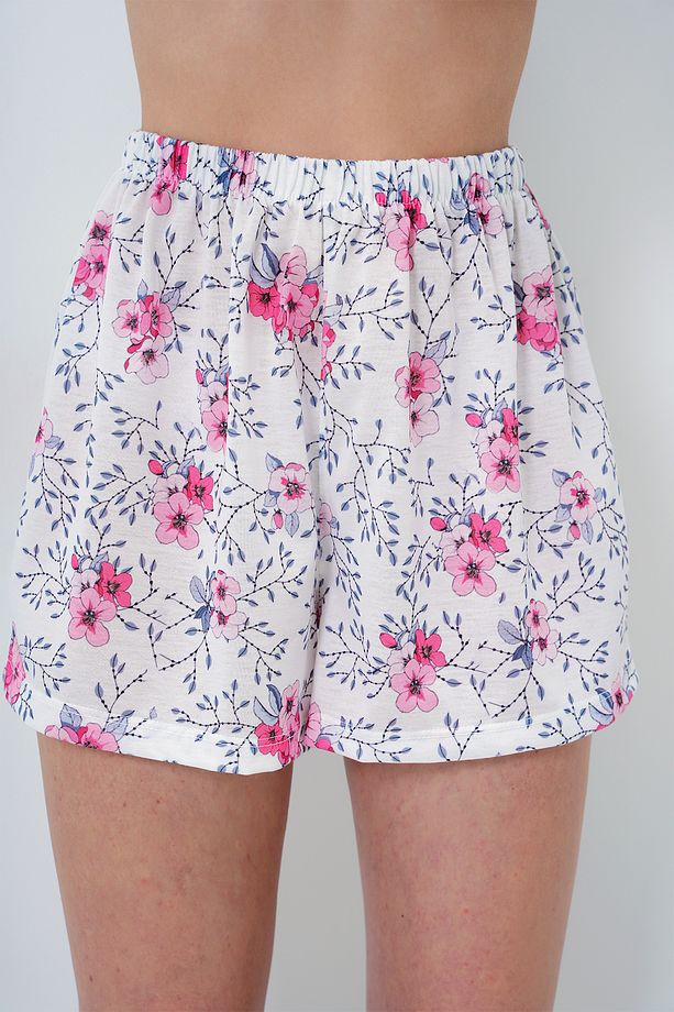 Kadın Gri - Pembe Çiçek Desenli Örme Pamuklu Gömlek Ve Şort Pijama Takımı Pjmx13886 - 4