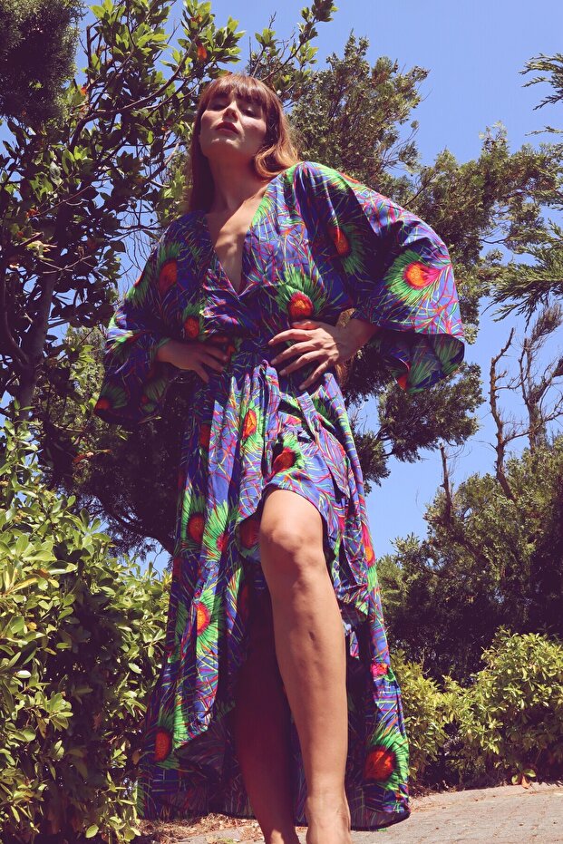 PEACOCK BOHO STİL VİSKON ELBİSE - mor - 4