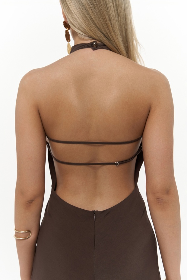 Loretta Sırt Dekolteli Kahve Uzun Elbise - 8