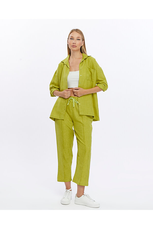 Women's Oil Green Linen Shirt Pants Top and Bottom Set