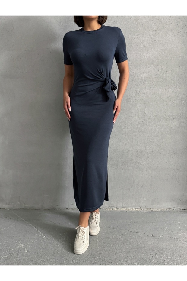 Women's Anthracite Modal Dress with Tie Waist Detail