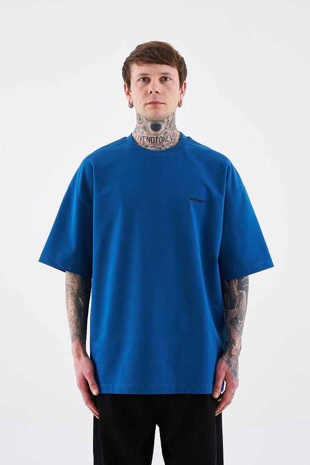 Erkek Basic Pamuklu Oversize İndigo Tişört - 5