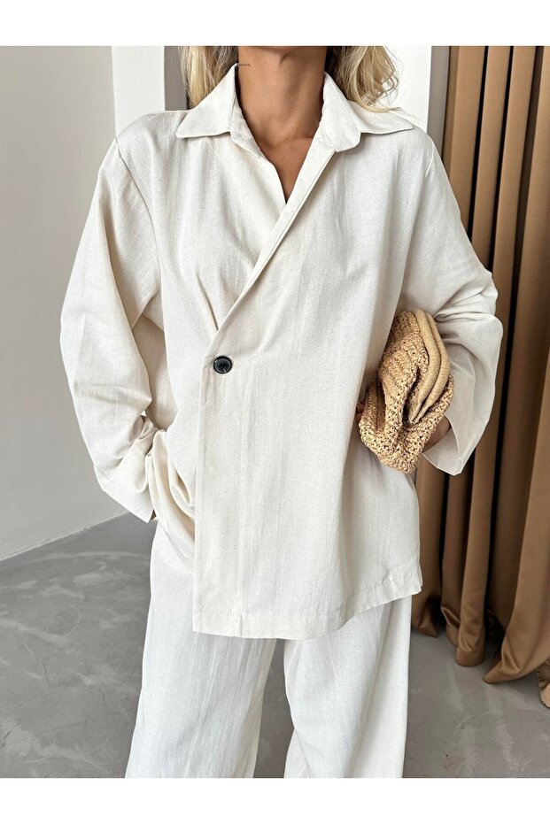 Naturalny komplet spodni kimono dwurzędowy z 100% bawełny zapinany na jeden guzik - 8351 - 3