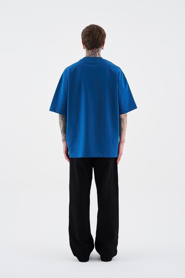 Erkek Basic Pamuklu Oversize İndigo Tişört - 8
