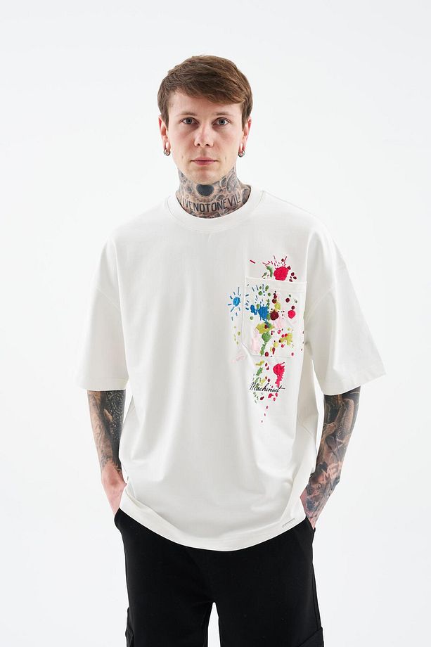 Erkek Splater Look Colored Embroidered Oversize Ekru Tişört - 4