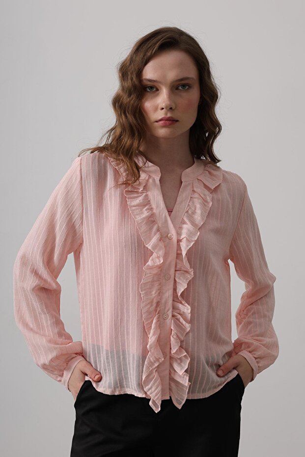 Shilsee Women's Candy Pink Ruffle Detail Transparent Inner Bluzlu Shirt