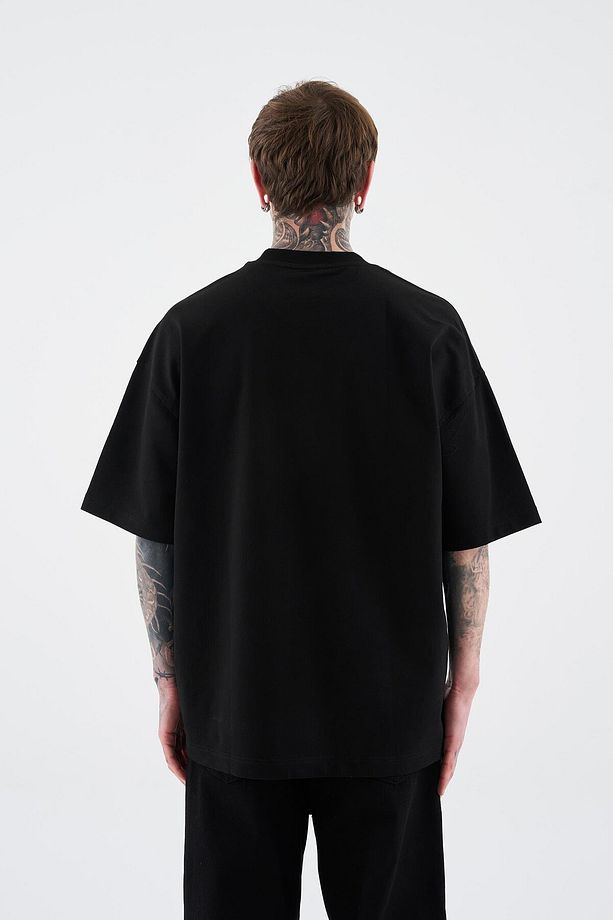 Erkek Solid Basic Pamuklu Oversize Siyah Tişört - 6