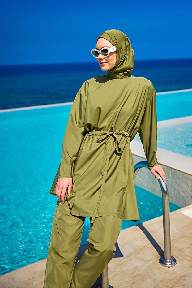 Fully Covered Hijab Swimsuit with Hidden Zipper and Drawstring Detail A2502-5 - 1