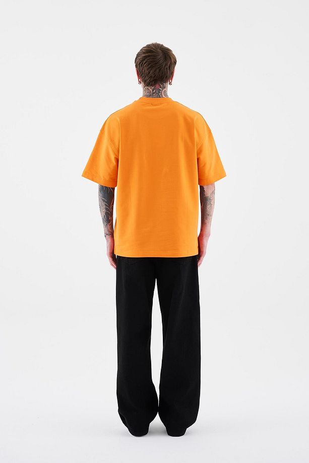 Erkek Solid Basic Pamuklu Oversize Turuncu Tişört - 8