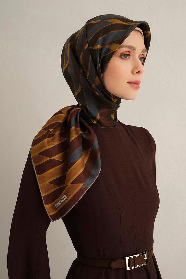 Desenli Saf Ipek Twill Eşarp 9325- 21 - 3