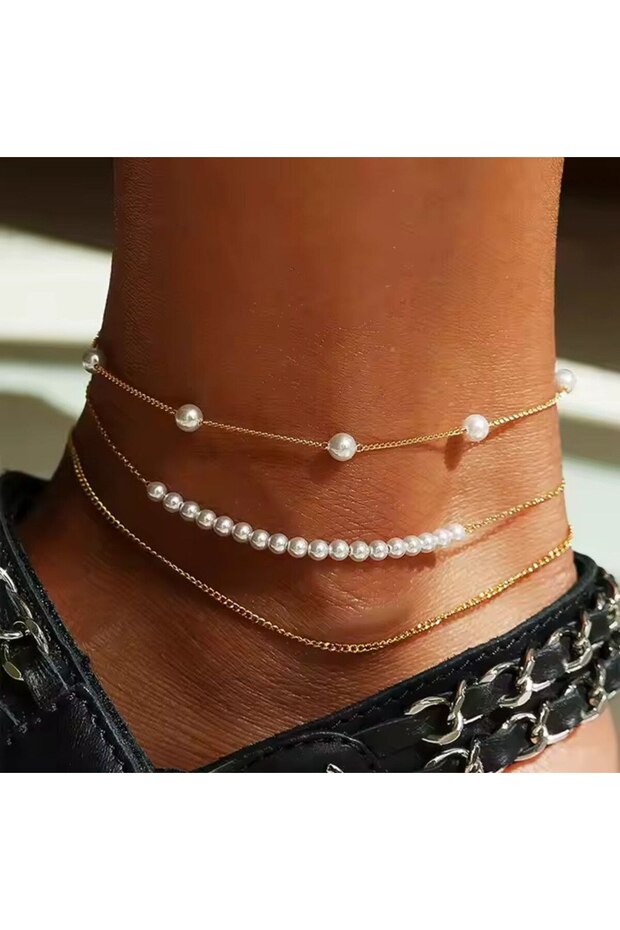 3Pcs Gold Color Pearl Chain Women's Anklet B2540M