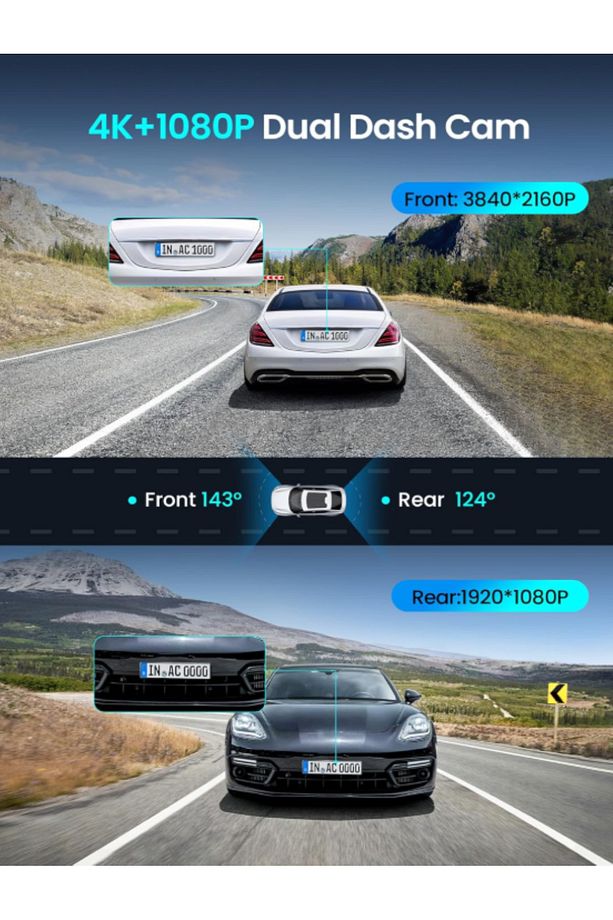 4K Ön ve Arka Dash Kamera, UHD 2160P+1080P Dash Kamera, 64 GB Kart Dahil, 5G 6 GPS, 3'' IPS Ekran - 4