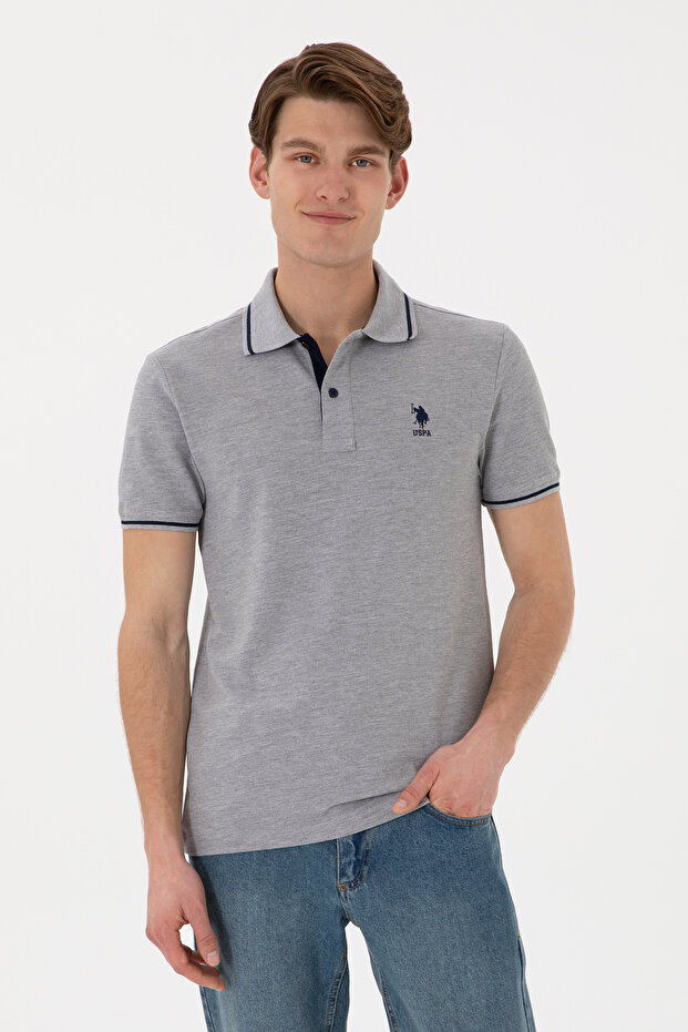 Men's Slim Fit Polo Neck Gray Melange Basic T-Shirt 50305980-Vr086