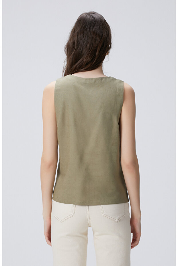 Haki Keten Karışımlı Bluz - 5