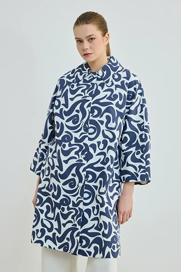 Navy Blue Patterned Cotton Kaftan - 1