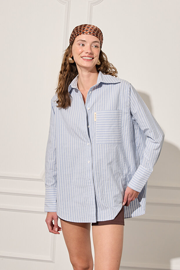 Oversize Çizgili Gömlek - 1
