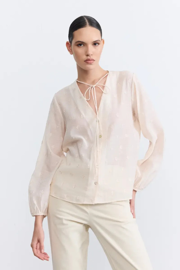 V-Neck Self-Patterned Blouse - Ecru