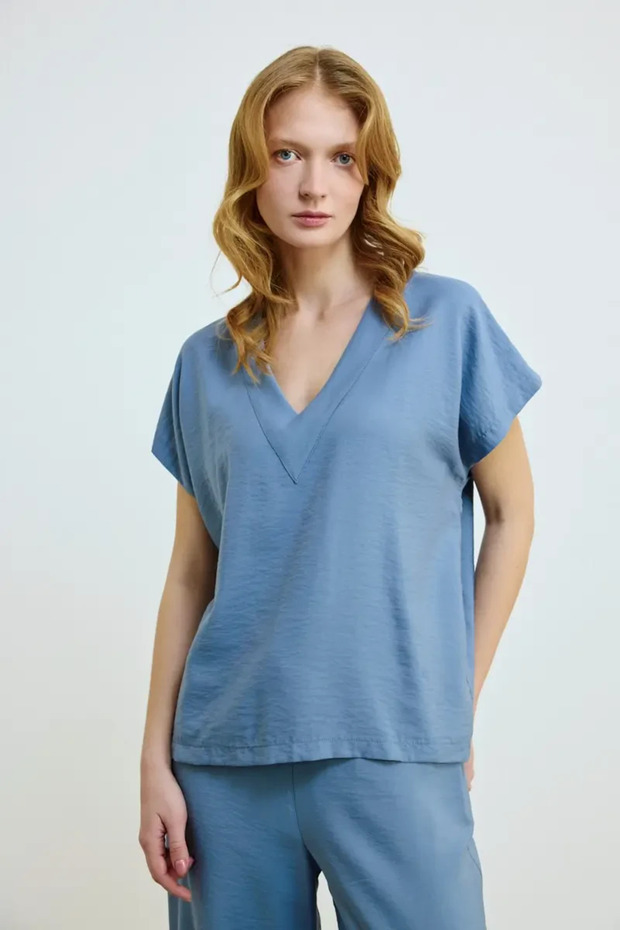 V-Neck Relaxed Cut Blouse - Blue