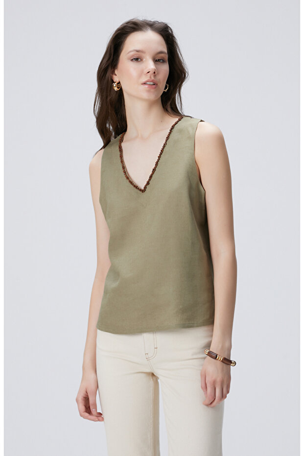 Haki Keten Karışımlı Bluz - 4