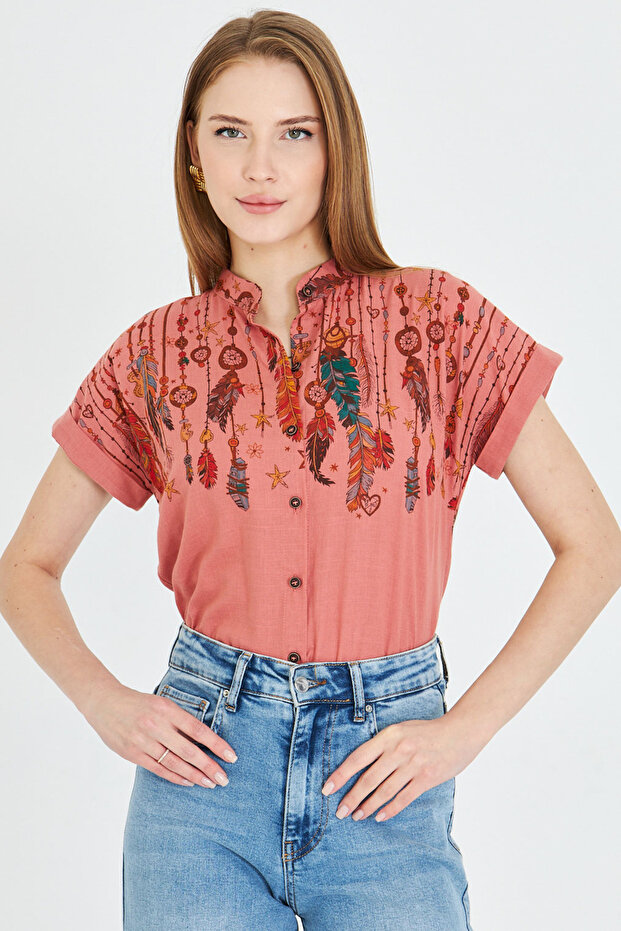 Women's Salmon Judge Collar Short Sleeve Shirt Arm-25Y 001040