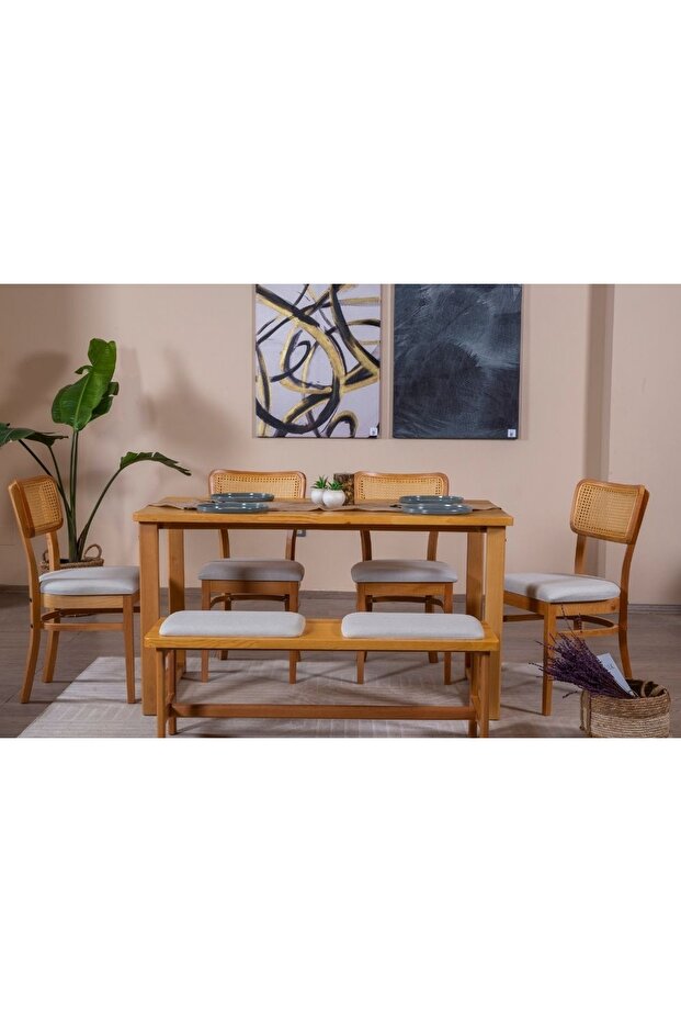 Hazeran İskandinav Masif Mutfak Masa Takımı, 4 Sandalye 1 Bench, 80X160 - 3