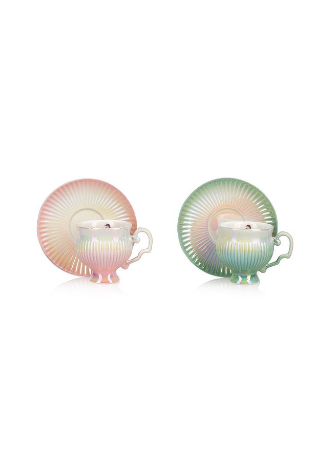 Pembe-Yeşil 2 Kişilik Sedefli Parlak Porselen Kahve Fincan Takımı 90 ml - 4