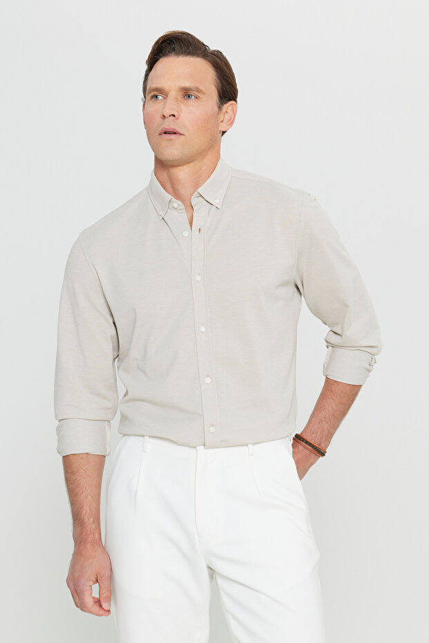 360 Stretching in All Directions Cotton Slim Fit Button Collar Knitted Beige Shirt