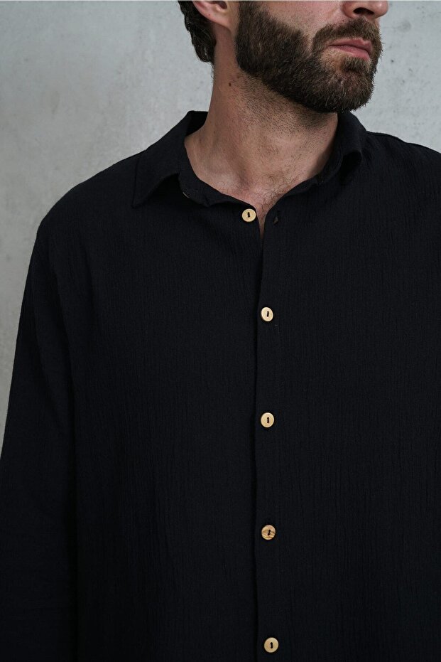 Wesley Erkek Oversize Krinkıl Siyah Gömlek - 3