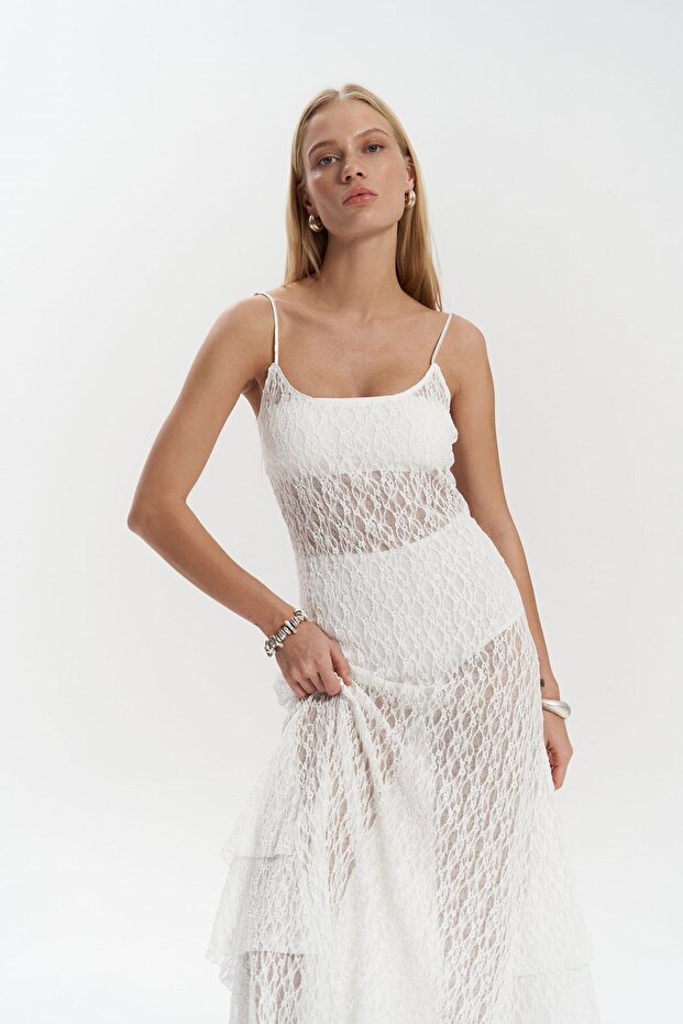 Eli Dantelli Ekru Uzun Elbise - 1
