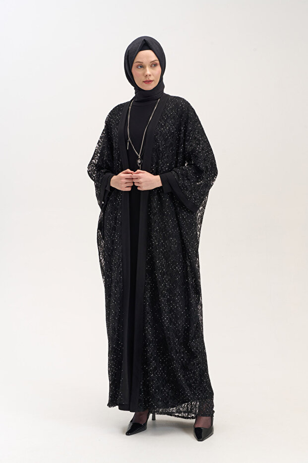 Kolye Aksesuarlı Dantelli Abaya - 5