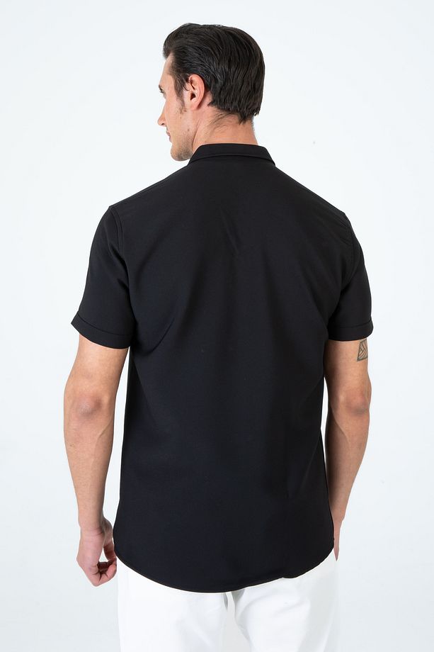 Erkek Slim Fit Dar Kesim Kısa Kollu Nefes Alan Örme Doku Yazlık Erkek Gömlek - 5