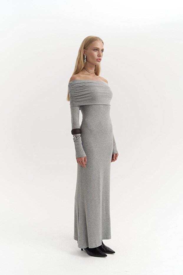 Rochie lungă gri cu guler Afro Carmen - 3