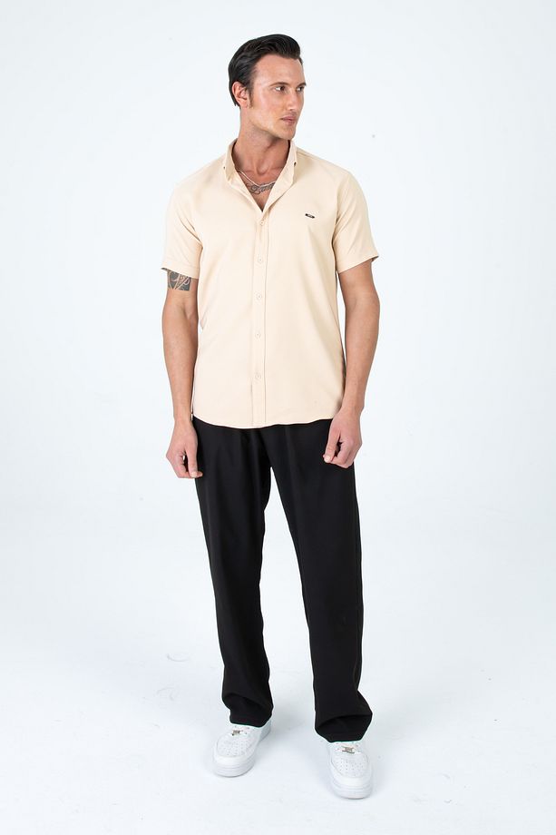 Erkek Slim Fit Dar Kesim Kısa Kollu Nefes Alan Örme Doku Yazlık Erkek Gömlek - 7