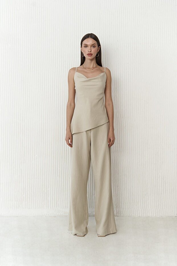 Javier Beige Blouse Pants Set - 2