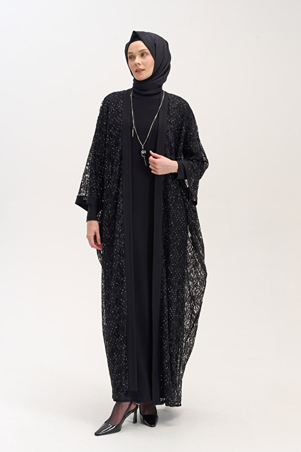 Kolye Aksesuarlı Dantelli Abaya - 1