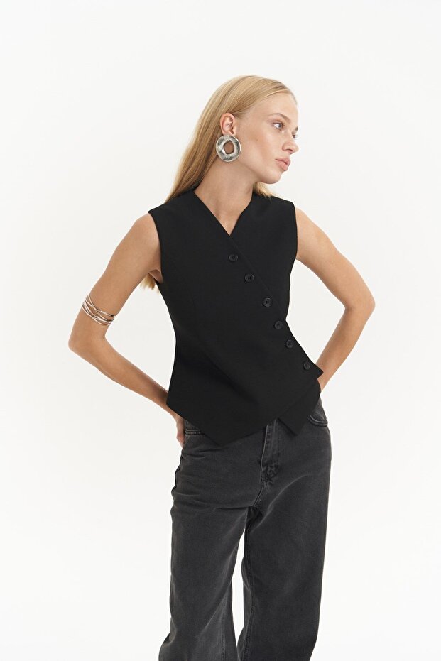 Trappe Siyah Asimetrik Yelek - 4